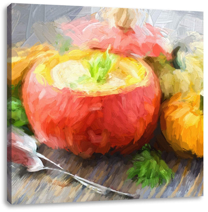 Pixxprint schmackhafte Kürbissuppe in Kürbis, Format: 70x70 als Leinwandbild, 70x70