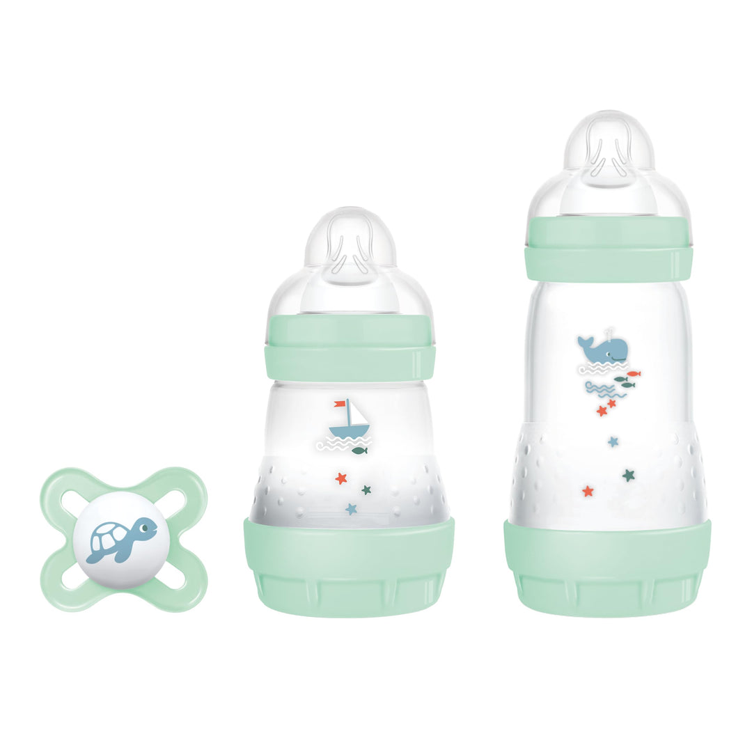MAM Starter Set mit 2 Anti-Kolik-Fläschchen, 160 ml und 260 ml mit Sauger aus SkinSoft Silikon, mit