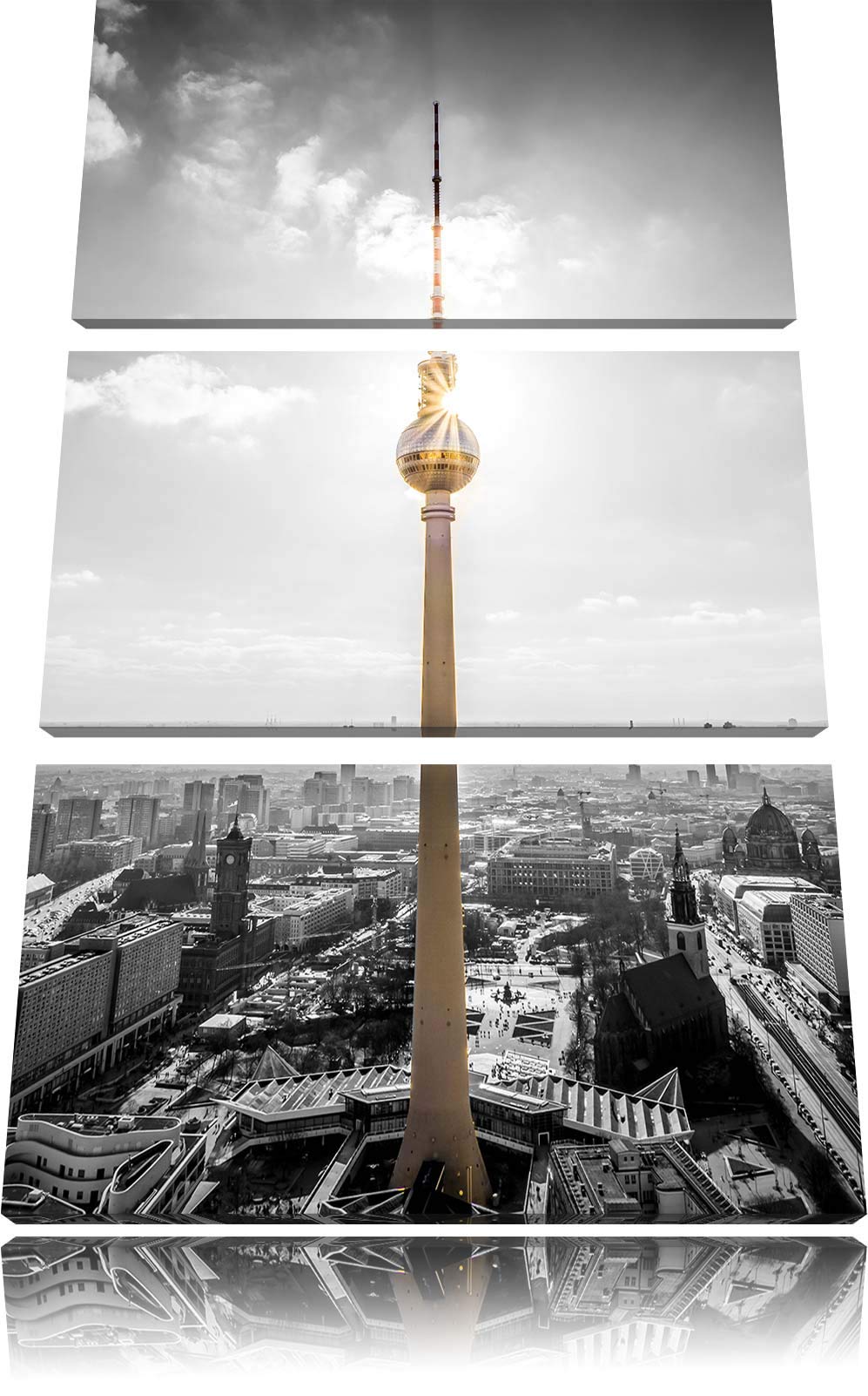 Berliner Fernsehturm am späten Nachmittag schwarz/weiss 3-Teiler Leinwandbild 120x80 Bild auf Leinwa