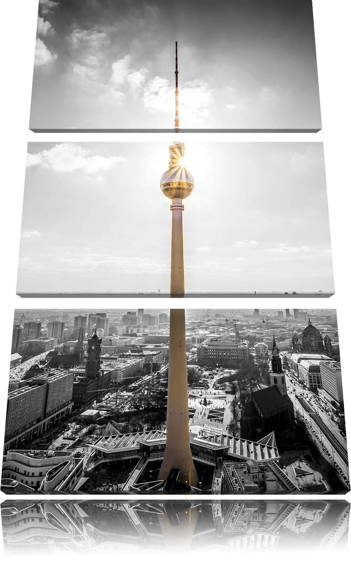 Berliner Fernsehturm am späten Nachmittag schwarz/weiss 3-Teiler Leinwandbild 120x80 Bild auf Leinwa