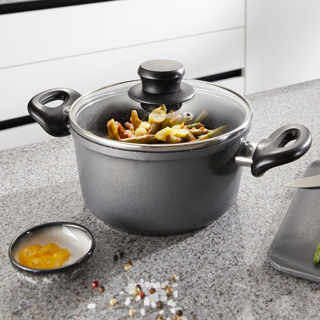 Stoneline Kochtopf 16 cm, mit Deckel, Induktion, Aluguss, beschichtet mit echten Steinpartikeln, gra