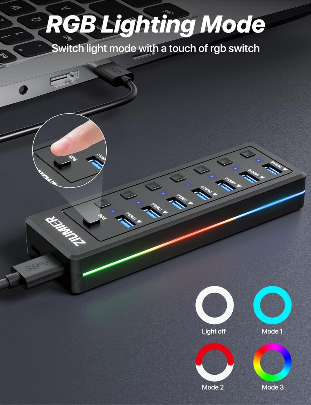 USB-Hub mit 7 Anschlüssen, USB 3.0-Hub mit RGB-LED-Streifen individuelle LED-EIN/Aus-Schalter für La