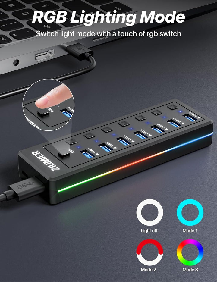 USB-Hub mit 7 Anschlüssen, USB 3.0-Hub mit RGB-LED-Streifen individuelle LED-EIN/Aus-Schalter für La
