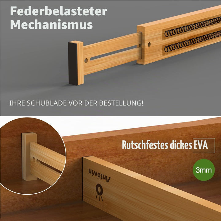 ANTOWIN Schubladentrenner Verstellbar Bambus (43-56 cm), Schubladen organizer, gefedert, Küche, Komm