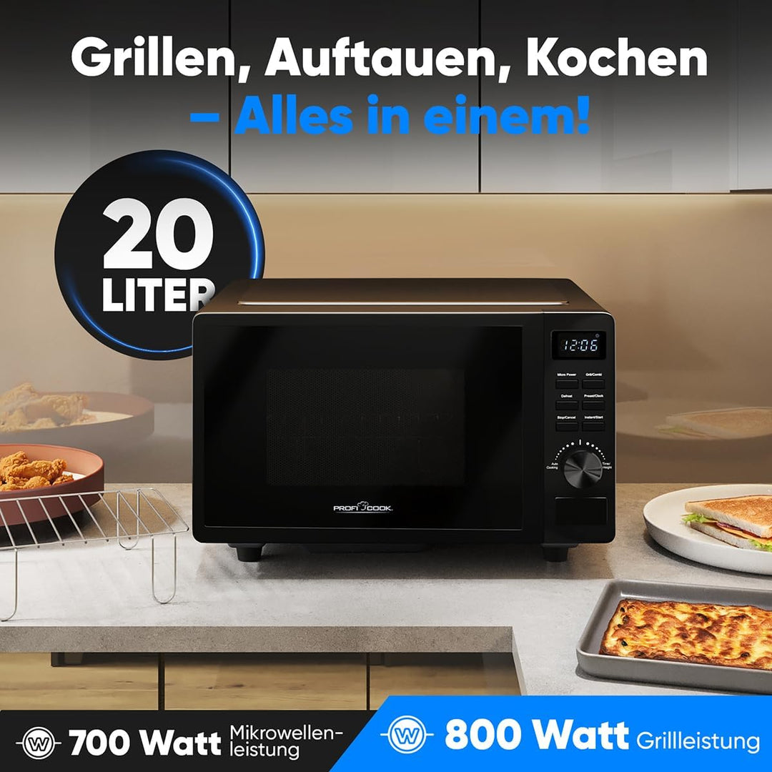 ProfiCook Mikrowelle mit Grill 20L | Mikrowelle ohne Drehteller für gleichmässige Wärmeverteilung |