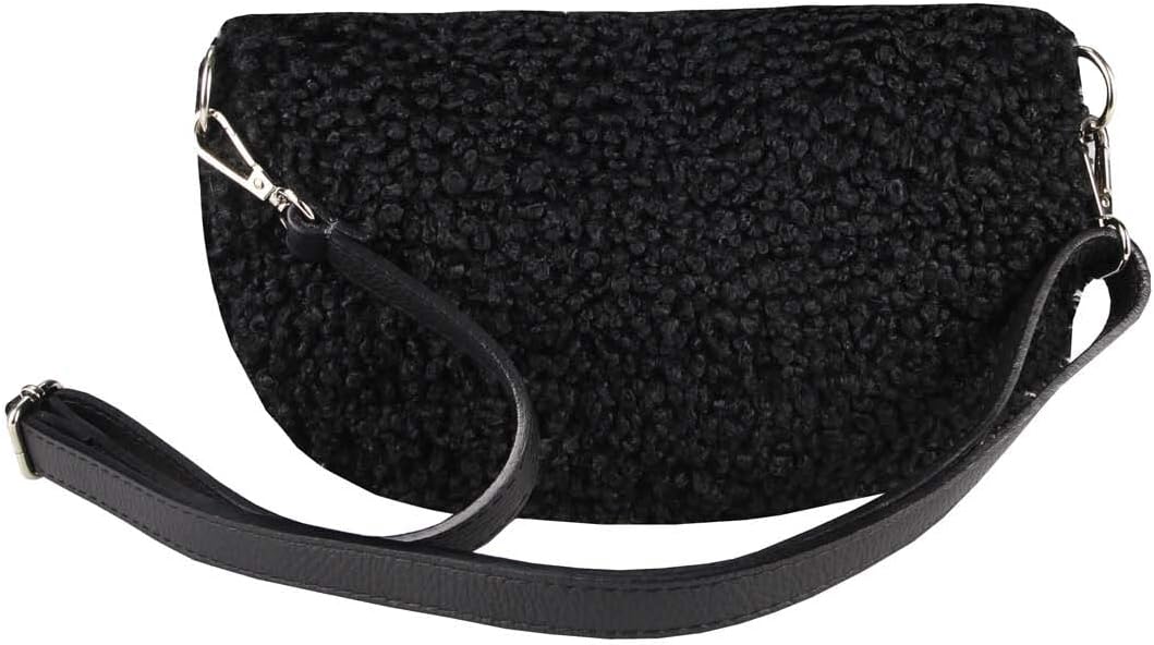 OBC Made in Italy Damen Teddyfell Tasche Plüsch Bauchtasche Hüfttasche Schultertasche Bodybag Umhäng