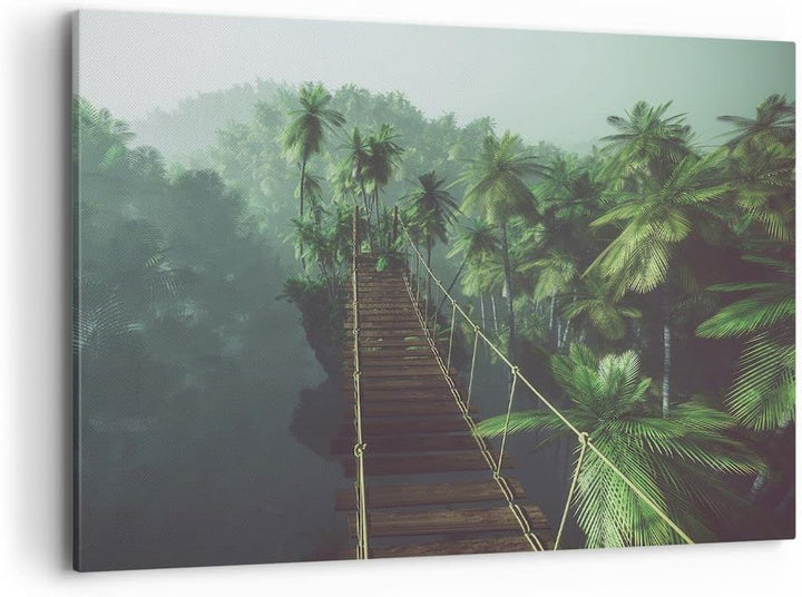 ARTTOR Bilder auf Leinwand 100x70cm Leinwandbild Dschungel Palme Brücke Gross Wanddeko Bild Schlafzi