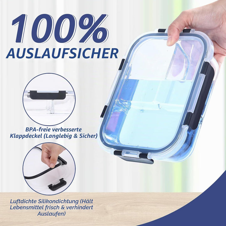 Glasbehälter mit Deckel Meal Prep Boxen Glas 3 Fächer (5Stück, 1040ml) Meal Prep Boxen Glas mit Tren