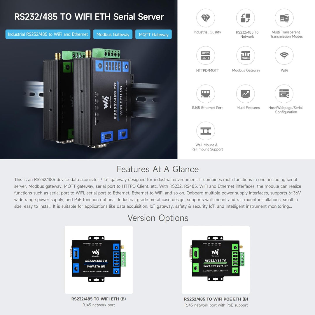 Waveshare Industrial Grade Serial Server RS232/485 to WiFi and Ethernet, Modbus Gateway, MQTT Gatewa