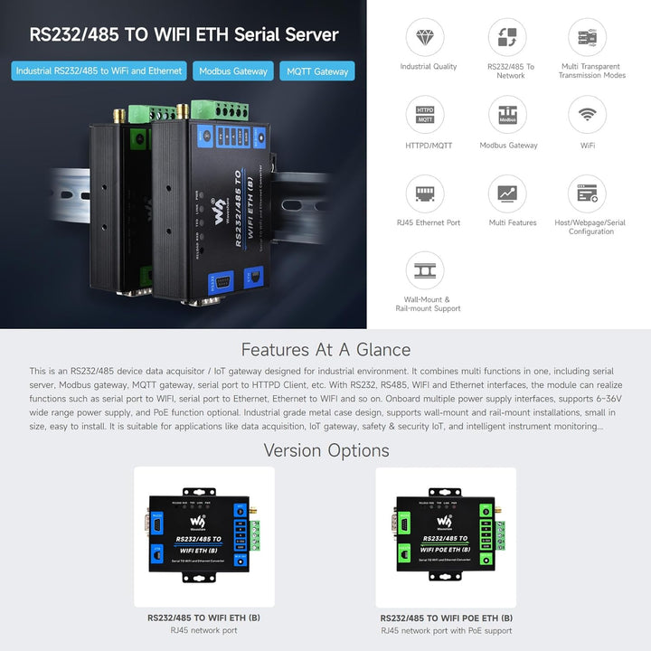 Waveshare Industrial Grade Serial Server RS232/485 to WiFi and Ethernet, Modbus Gateway, MQTT Gatewa