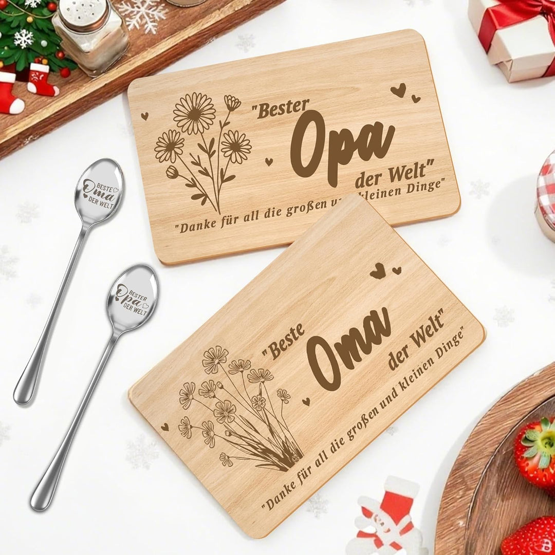 Geschenk für Oma und Opa – 2 Holz-Servierbretter, 2 Holzuntersetzer, 2 Edelstahl-Löffel, 2 Schlüssel