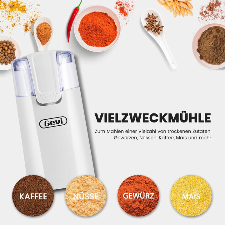 Gevi Kaffeemühle, schnelles Mahlen, einstellbarer Mahlgrad, Bohnenmesser aus Edelstahl, Sicherheitsa
