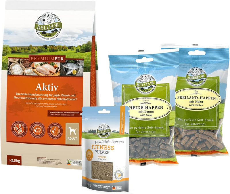 Bellfor Futterset für körperlich aktive Hunde Premium PUR Aktiv 2,5 kg Fitness Pulver 80g Soft-Snack