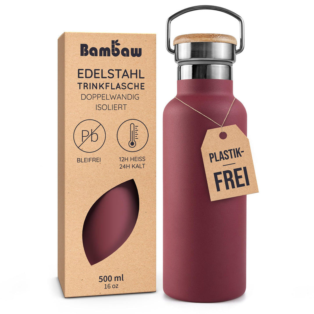 Bambaw Thermosflasche 500ml, Trinkflasche Rot, Edelstahl Trinkflasche, Flasche 500ml, Fahrrad Thermo