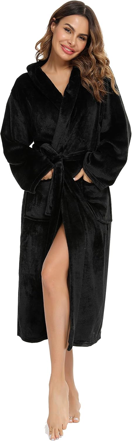 Vlazom Damen Winter Bademantel Flanell mit Kapuze Langärme Morgenmantel Saunamantel Flauschiger Robe