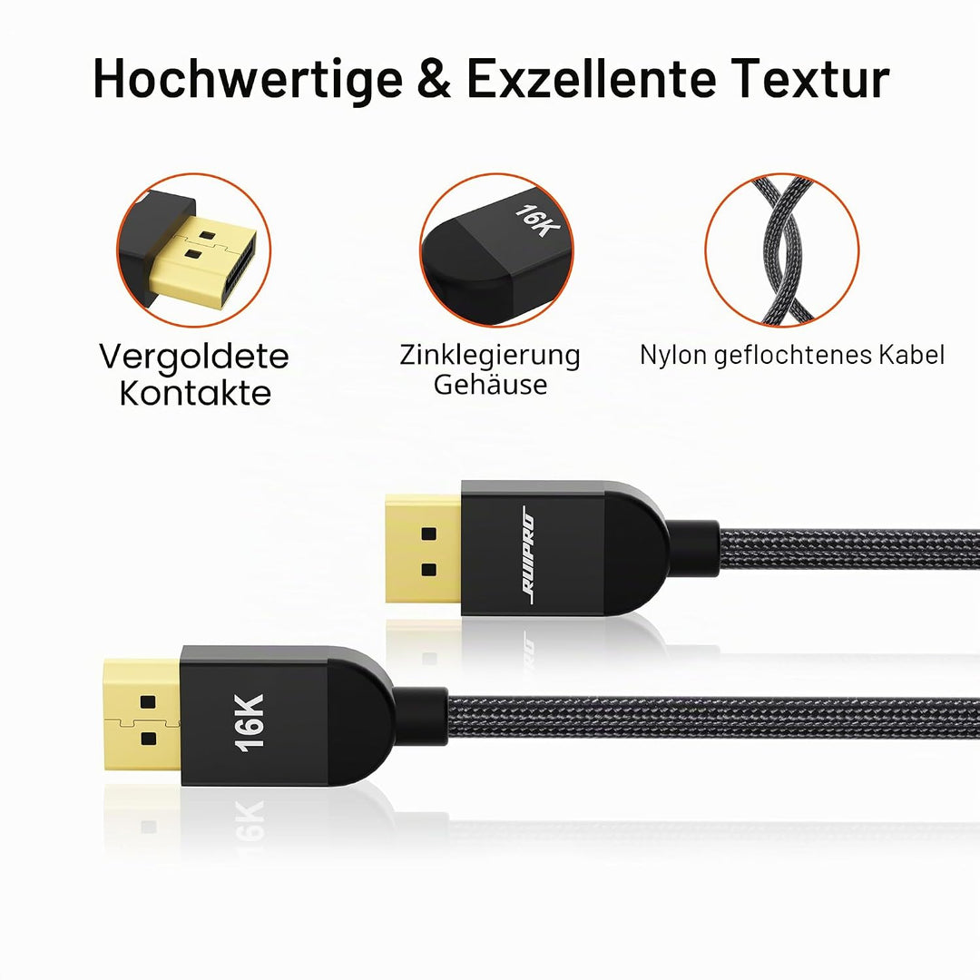 Displayport Kabel 2.1 3.0 m, 80Gbps 16K@60Hz, 8K@120Hz, 4K@240Hz 165Hz 144Hz, Unterstützt HDR DSC 1.