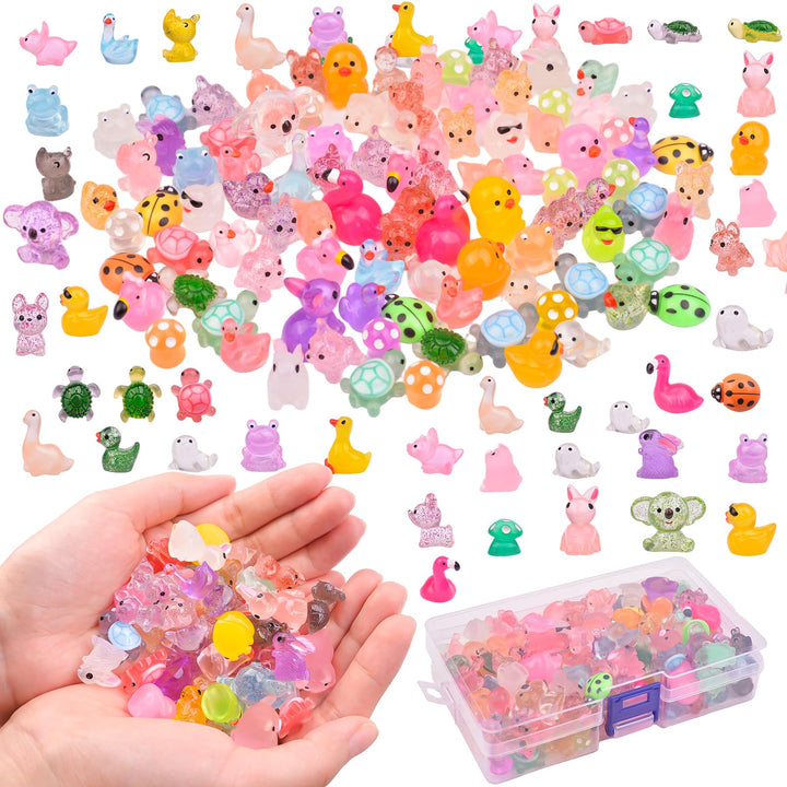 160 Stück Mini Harz Tiere, Miniatur Figuren Leuchtende Bunte Kleine Tierfiguren Kaninchen Enten Dino