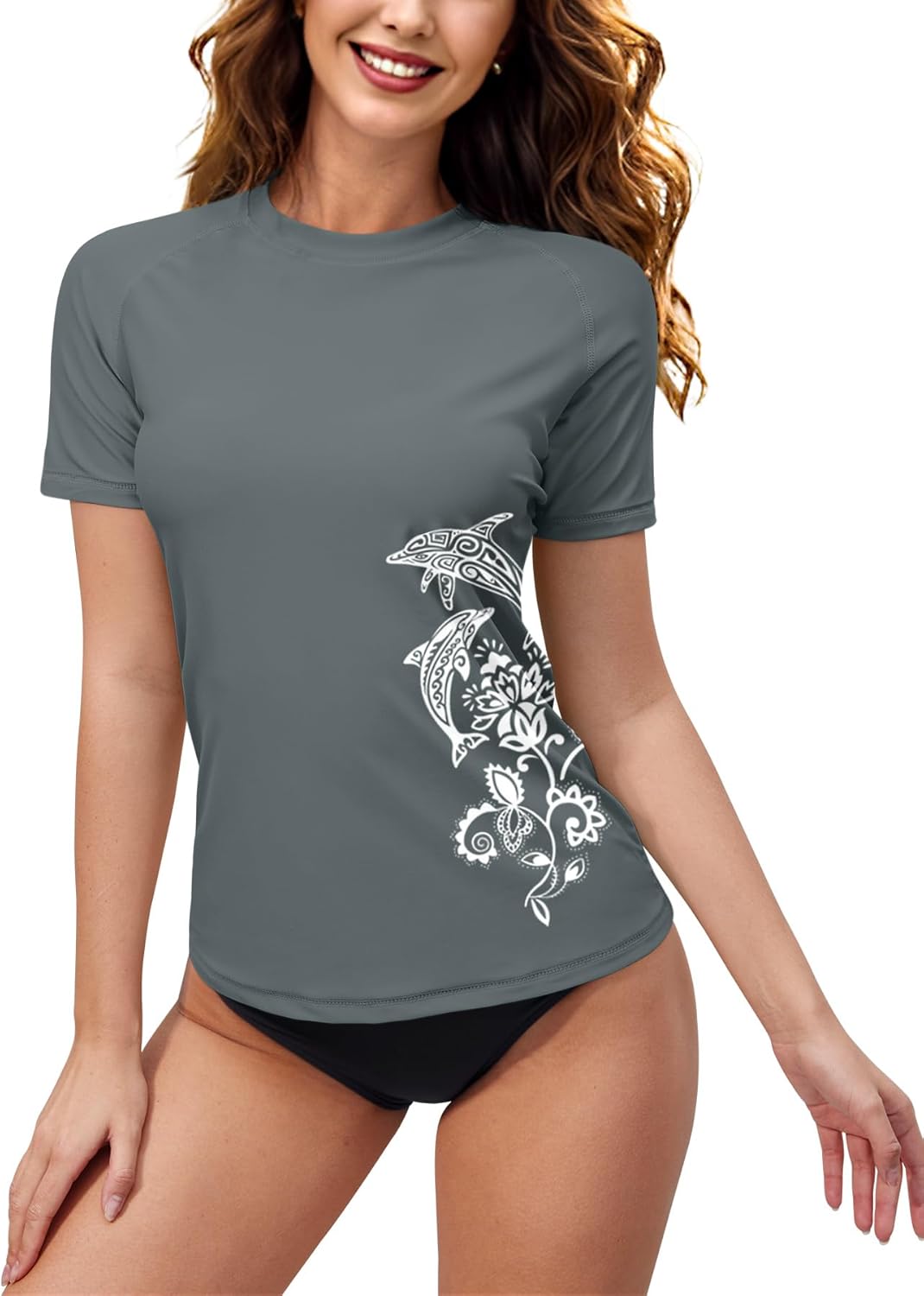 BesserBay Damen Rash Guard Shirt UPF 50+ Rundhals Kurzarm Schnelltrocknend Badeshirt S-XXL XL Grau,