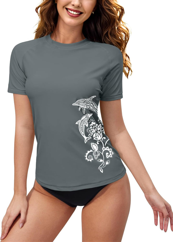 BesserBay Damen Rash Guard Shirt UPF 50+ Rundhals Kurzarm Schnelltrocknend Badeshirt S-XXL XL Grau,