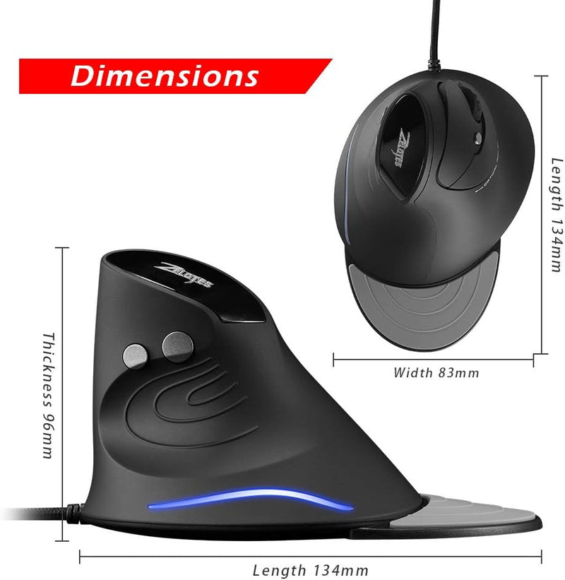 zelotes Vertikale Maus mit Kabel, ergonomisches Design, USB-LED-Maus mit 6 Tasten und 4 einstellbare