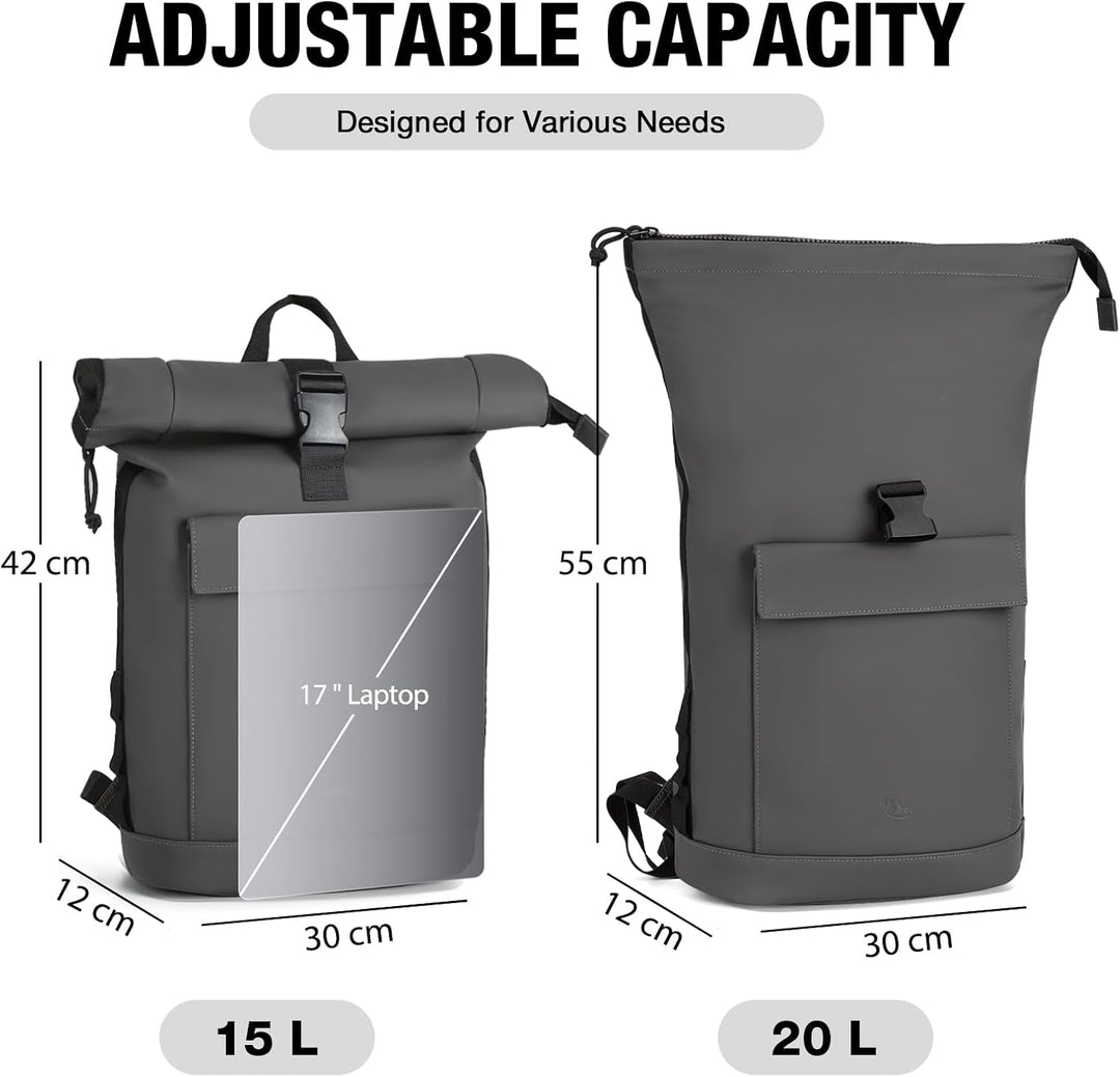 Rolltop Rucksack Damen & Herren, Elegant Laptop Rucksack Wasserdicht mit 17 Zoll Laptopfach, Grosser