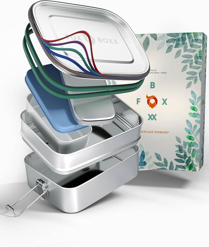 FOXBOXX Edelstahl Brotdose Premium | Multi 1550ml DOPPELDECKER | 2 Ebenen + 1 Trenner + 150ml MiniBo