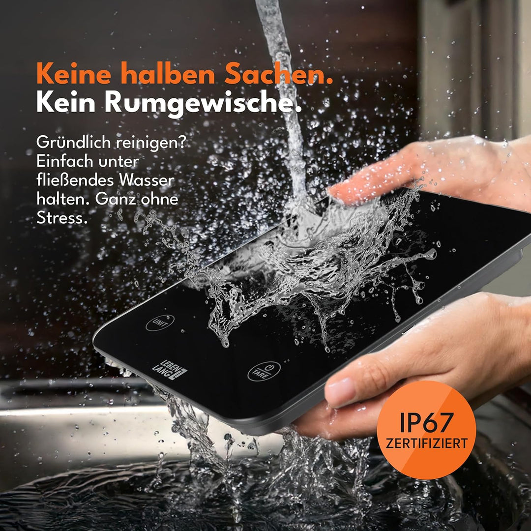 LEBENLANG Digitale Waage Küchenwaage Wasserdicht - USB Aufladbar & Inkl. Ladekabel I Bis 10 Kg I Waa