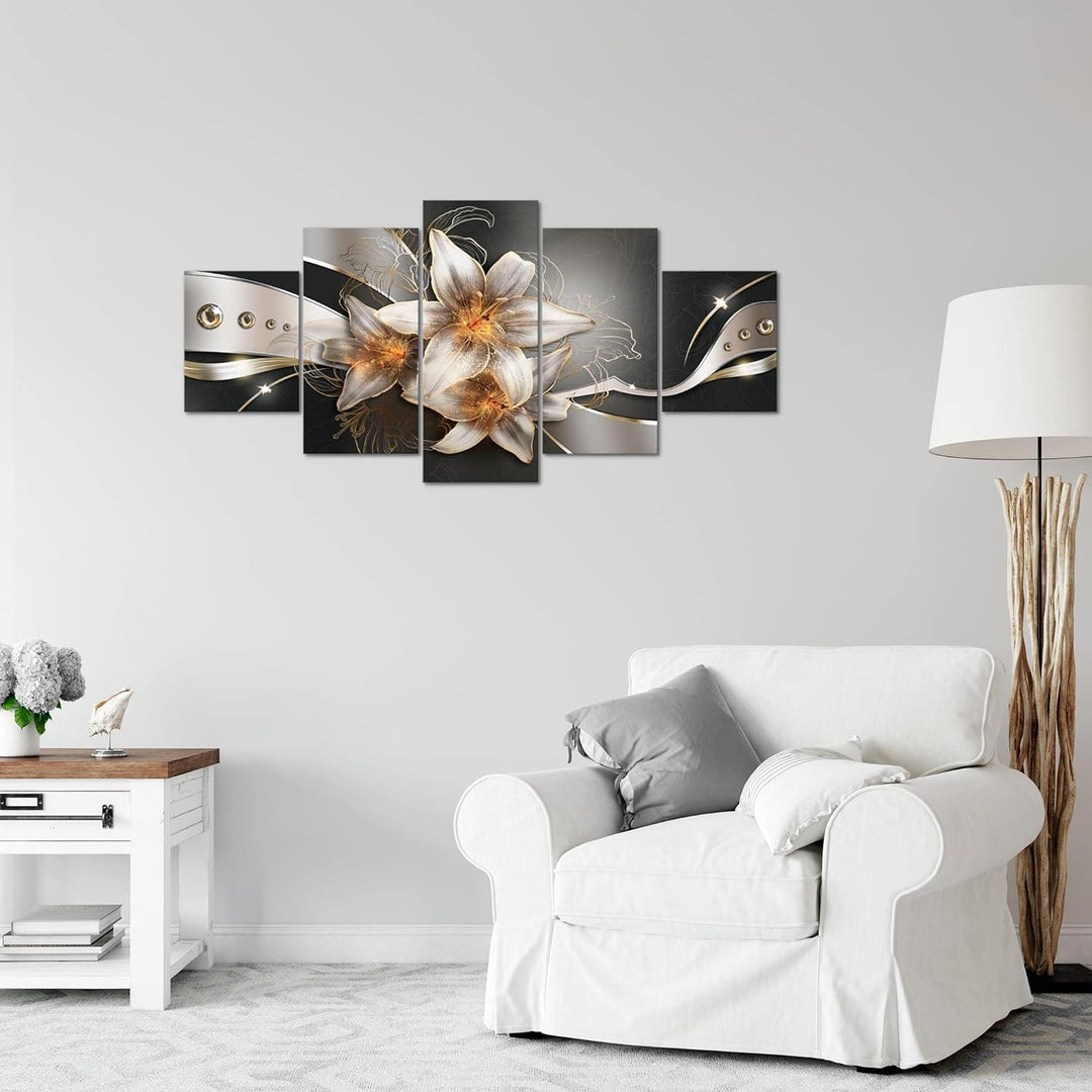 Runa Art Wandbilder Blumen Lilien 5 Teilig Bild auf Vlies Leinwand Deko Wohnzimmer Abstrakt Gelb Gol