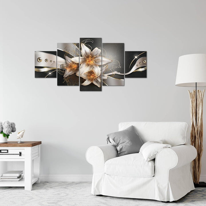 Runa Art Wandbilder Blumen Lilien 5 Teilig Bild auf Vlies Leinwand Deko Wohnzimmer Abstrakt Gelb Gol