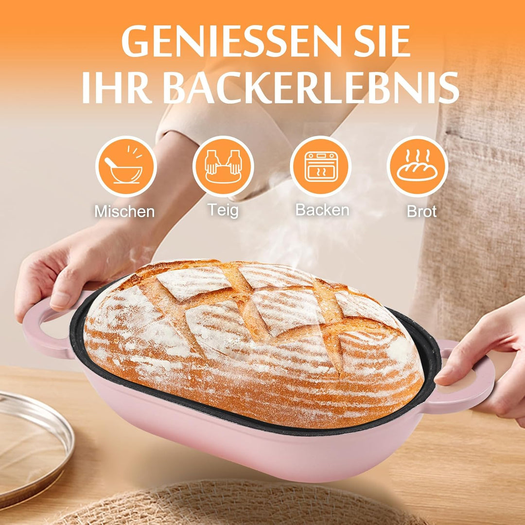 Gusseisen Brotbackform mit Deckel, 23 cm Emaille Gusseisen Topf Brot Backen, Bräter mit Deckel 2,75