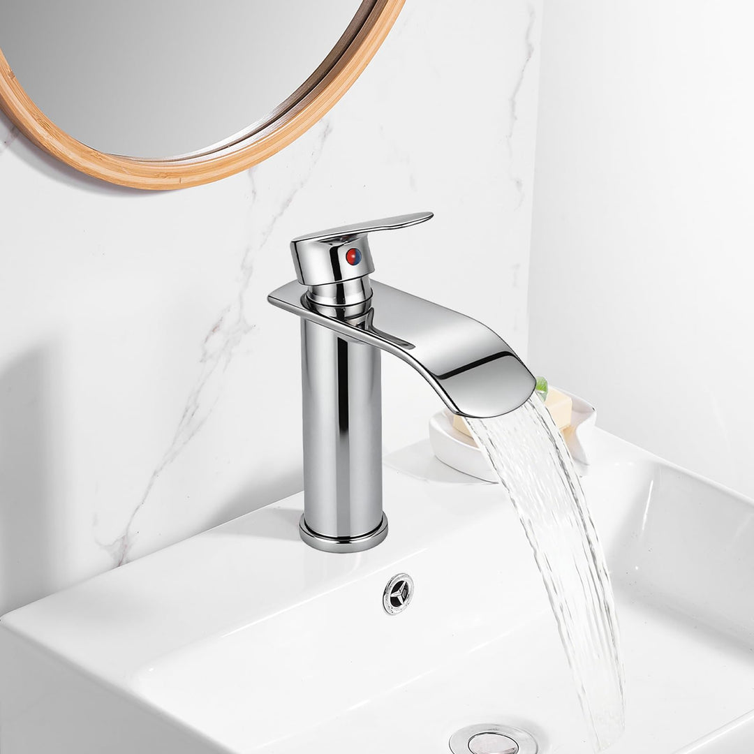 Wasserhahn Bad, Edelstahl Wasserfall Waschtischarmatur Einhandmischer für Kaltes und Warmes Wasser i