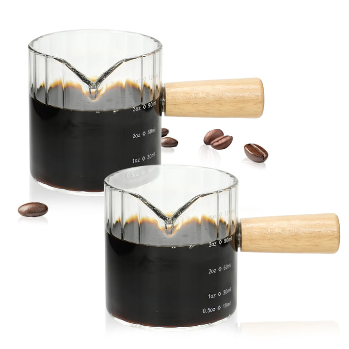 Espressotassen 2er-Set, 118 ml Espresso-Shotgläser mit Holzgriff, Tassen mit V-förmigen Ausgiessern,