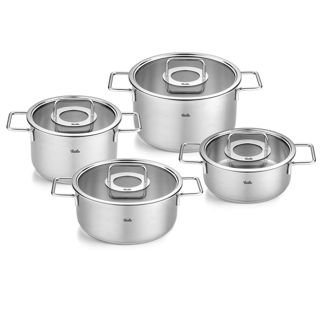 Fissler Pure Collection/Edelstahl-Kochtopfset, 4-teilig, Töpfe mit Glas-Deckel (2 Kochtöpfe,2 Braten