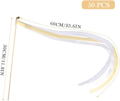 50 Stück Wedding Wands Spitze Stäbe mit Hochzeitsbändern, Stäbe mit Hochzeitsbändern und Glöckchen f