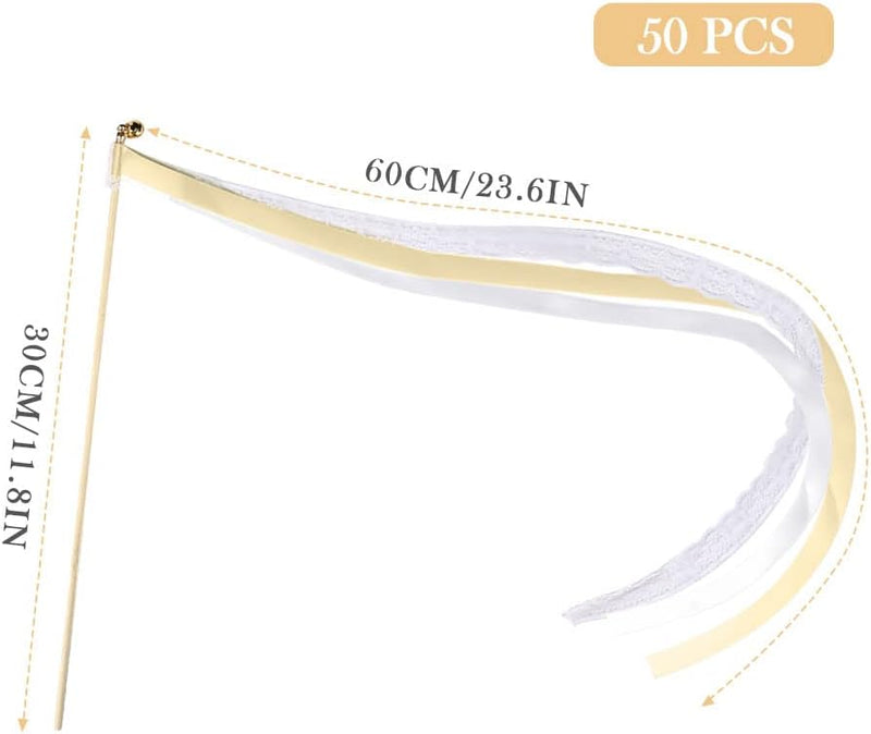 50 Stück Wedding Wands Spitze Stäbe mit Hochzeitsbändern, Stäbe mit Hochzeitsbändern und Glöckchen f