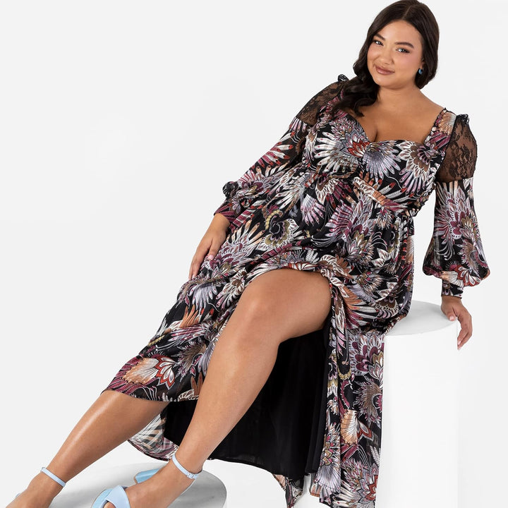 Lovedrobe Damen Womens Plus Size Midaxi Dress with Pockets Curve Long Bishop Sleeve Slit Mesh Sweeth