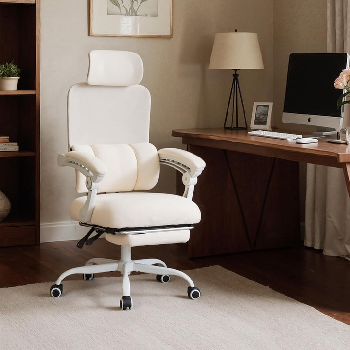 UEV Bürostuhl Ergonomisch mit Fussstütze, Homeoffice Stuhl, beige | Drehstuhl,Schreibtischstuhl,neig