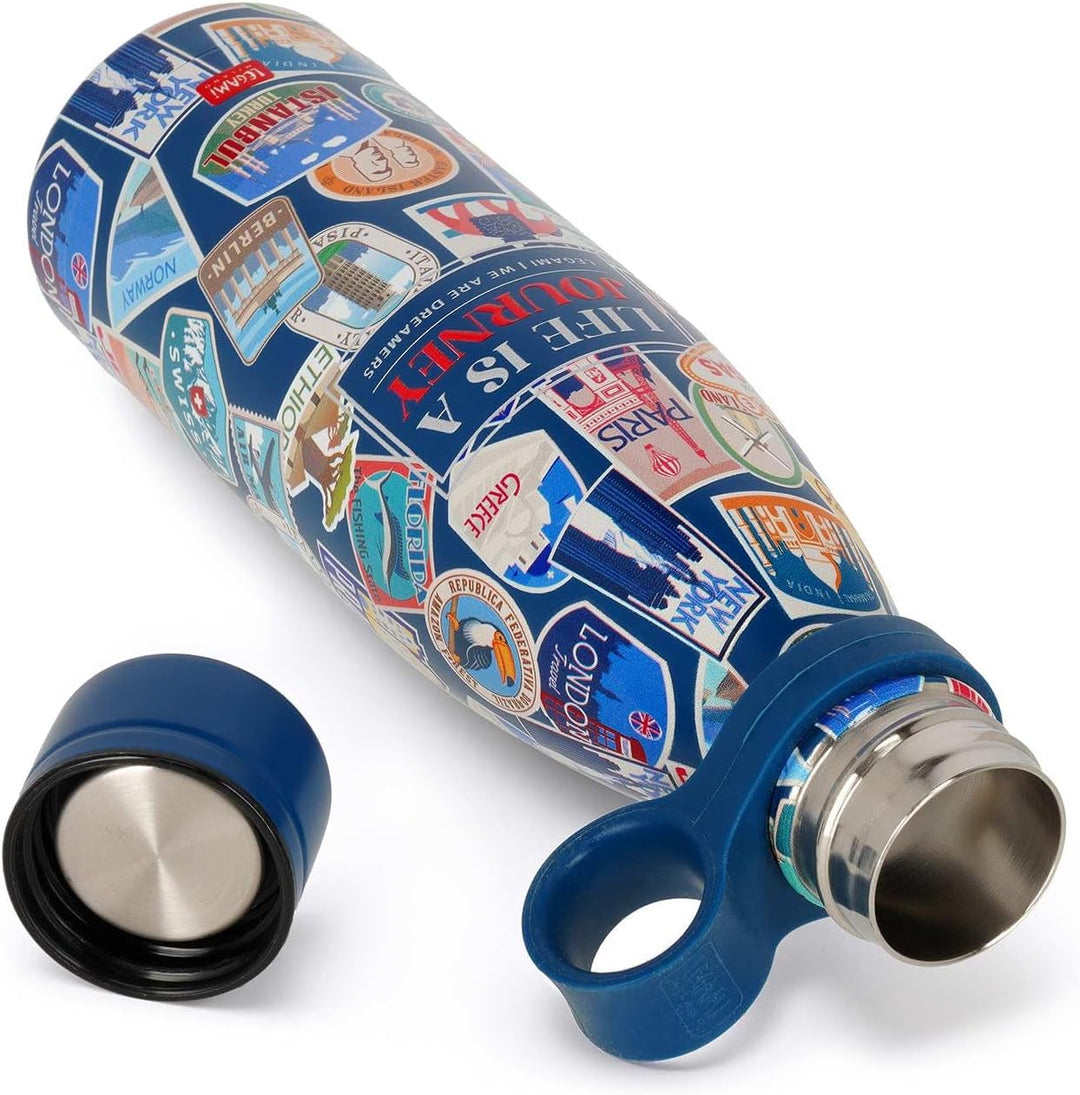 Legami - Thermosflasche Hot&Cold, Travel Stickers, 500 ml, luftdichter Verschluss, 12 Stunden heisse
