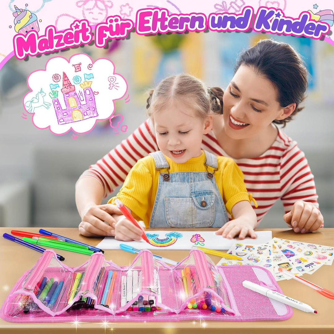 HappyGoLucky Malset für Kinder Wasserfarbkasten Marker Set, Geschenk Mädchen 3-10 jahre, Federmäppch
