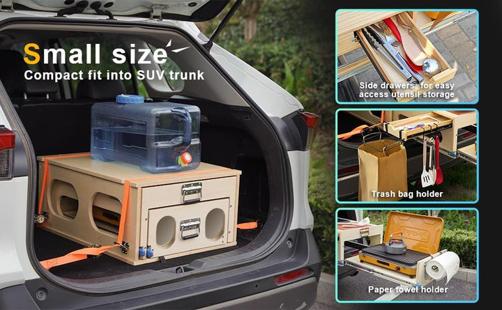 Overland Campingbox für Auto, Klappbare Campingküche mit Spüle, küchenbox Camping, Stauraum und Plat