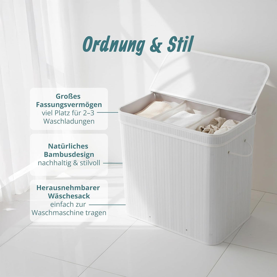 Relaxdays Wäschekorb mit Deckel, Bambus, 150 l, 3 Fächer, HxBxT: 61,5 x 61 x 41,5 cm, Badezimmer Wäs