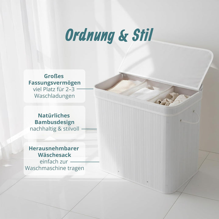 Relaxdays Wäschekorb mit Deckel, Bambus, 150 l, 3 Fächer, HxBxT: 61,5 x 61 x 41,5 cm, Badezimmer Wäs