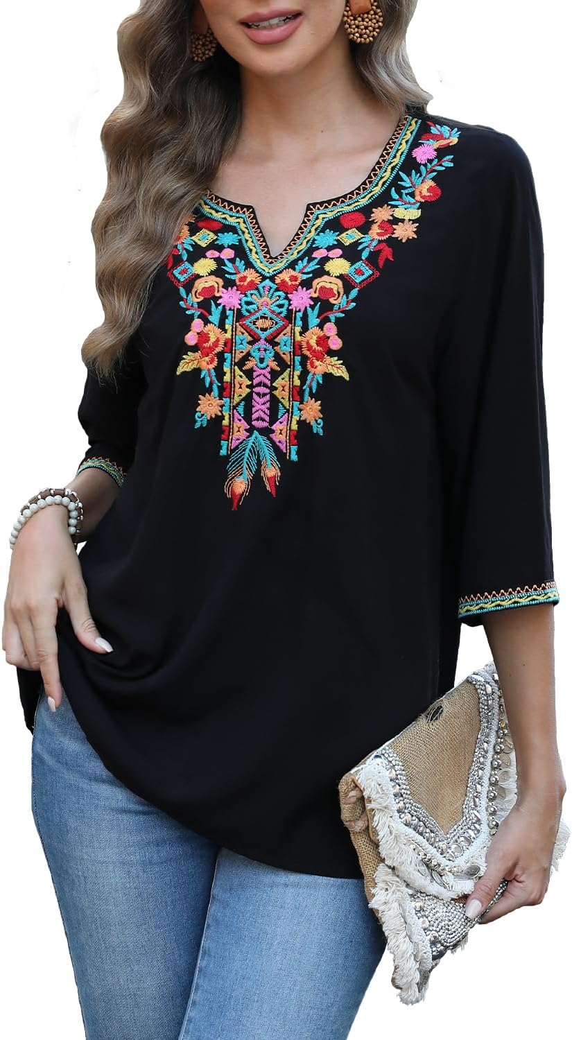 Seasonal Boho Tunika Damen Sommer Mexikanische Blumen Bestickt V-Ausschnitt Top 3/4 Ärmel Hippie Los