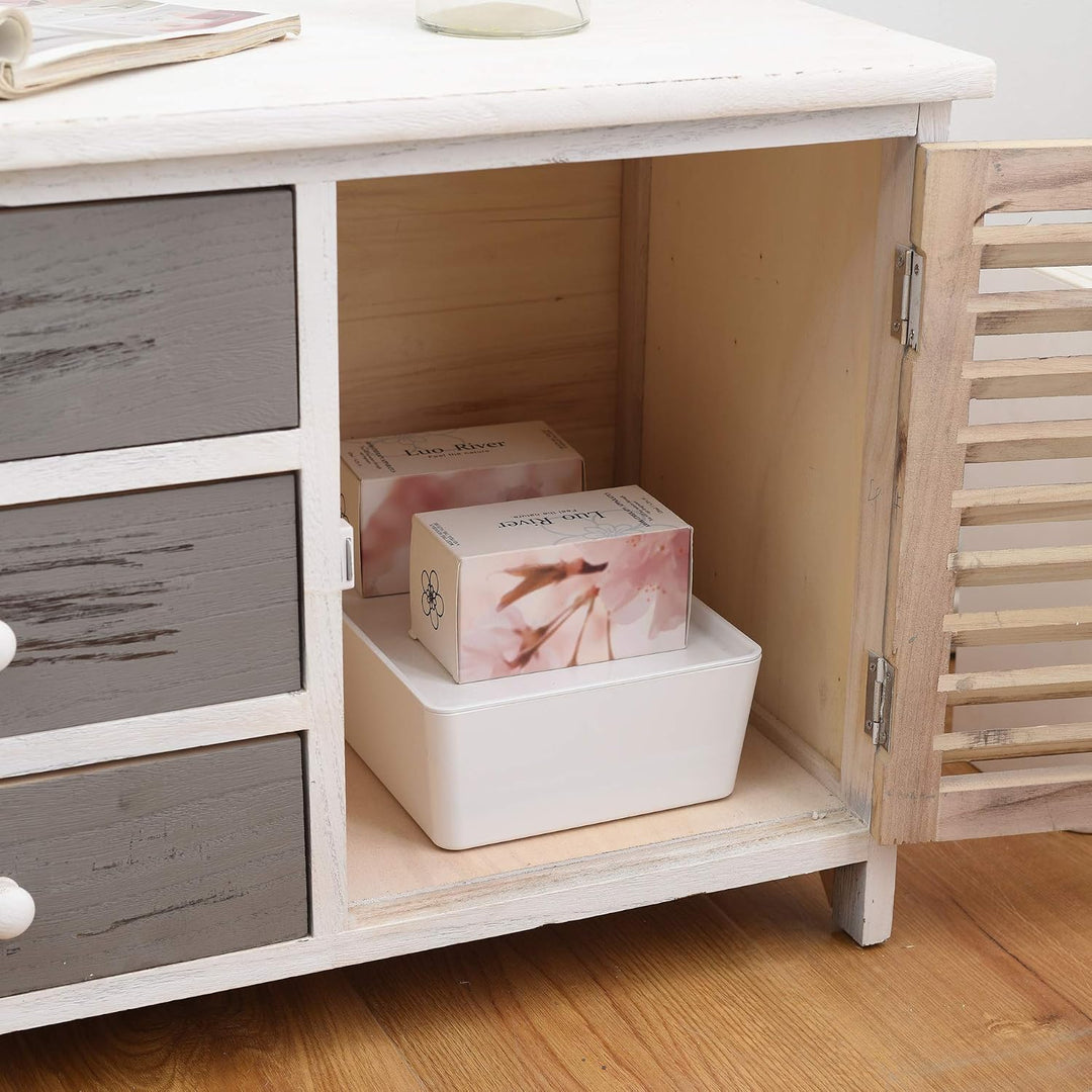 Rebecca Mobili Lowboard für Fernseher, Fernseherschrank 2 Türen 3 Schubladen, Holz, Weiss Grau, Vint