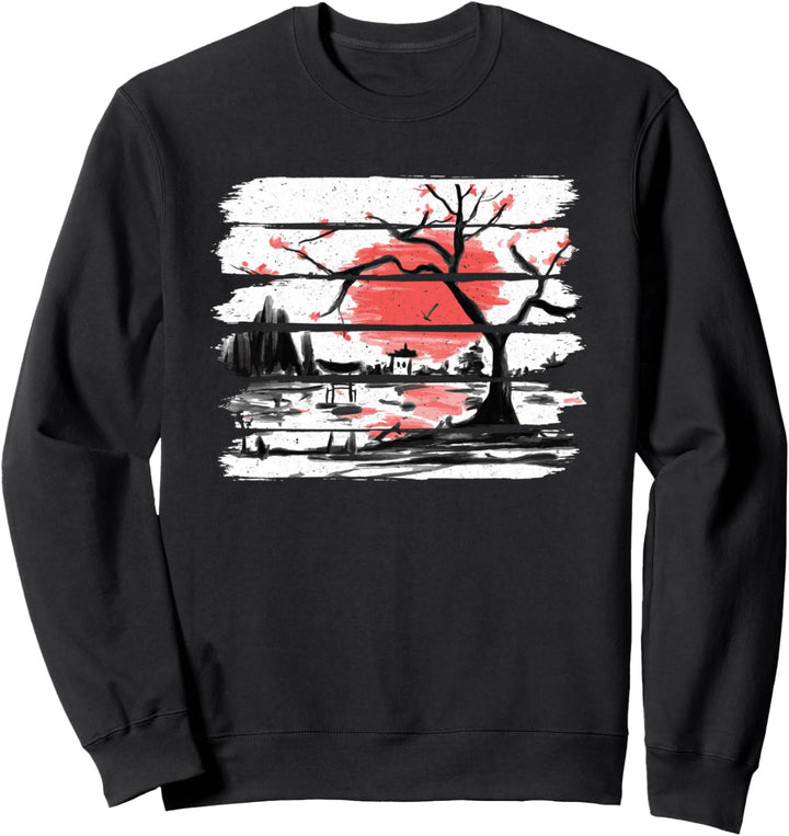 Japan Aquarell Red Sun Weinlese-Kirschbaum Sweatshirt