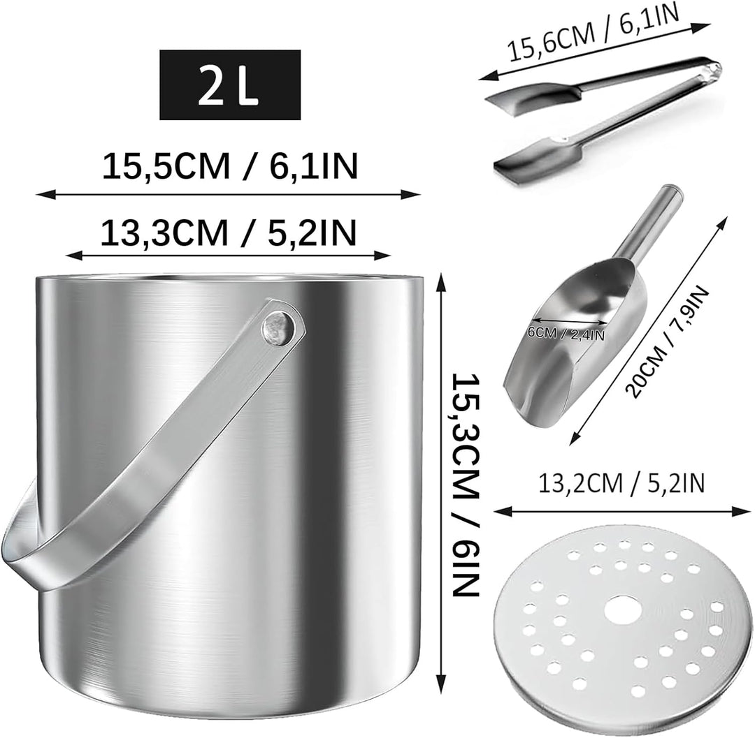 Eiswürfelbehälter, 2L Eisbehälter rund mit Sieb und Eiszange, Eiswürfelbehälte, Edelstahl Eisbehälte