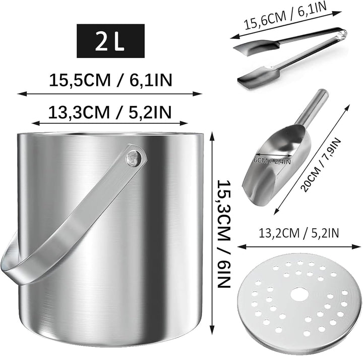 Eiswürfelbehälter, Eisbehälter rund mit Sieb und Eiszange, 2L Eiswürfelbehälte, Edelstahl Eisbehälte