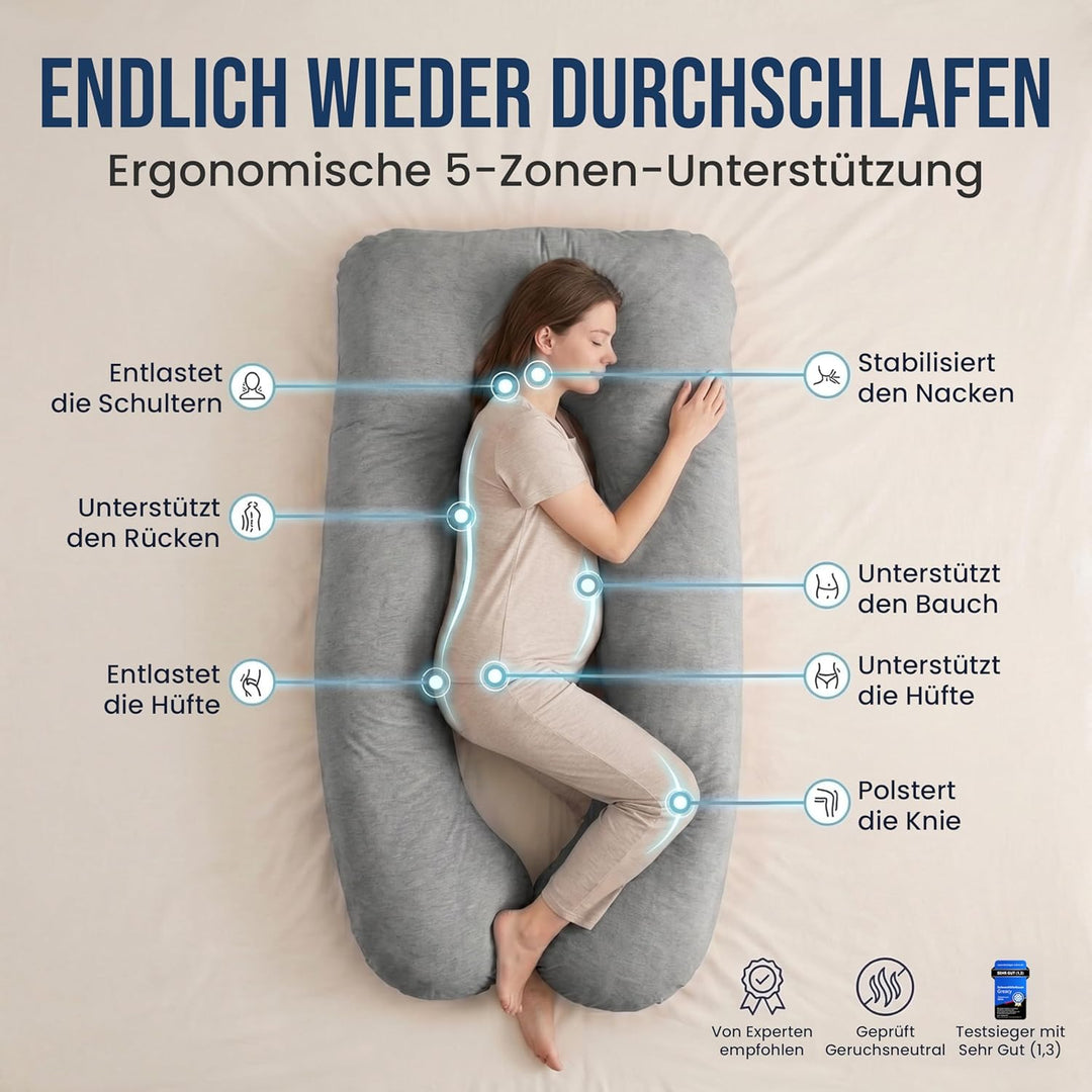 Seitenschläferkissen mit Bezug [waschbar - Flexible Füllung] Stillkissen XXL | Pregnancy Pillow | Ki