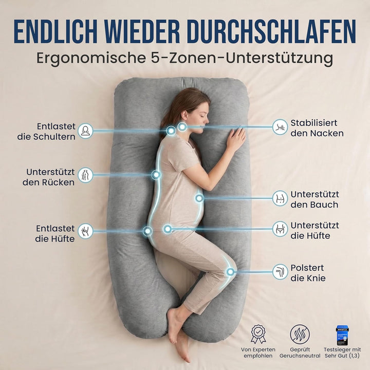 Seitenschläferkissen mit Bezug [waschbar - Flexible Füllung] Stillkissen XXL | Pregnancy Pillow | Ki