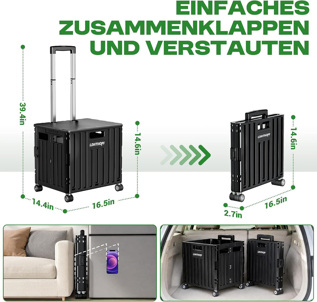 LDHTHOPI Einkaufstrolley klappbar 65L,MAX 50KG Trolley mit Teleskopgriff,4 Zerlegbaren Drehbaren Räd